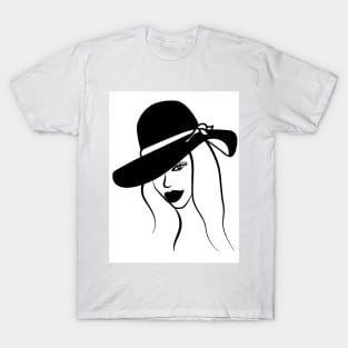 Black and white illustration of woman in hat T-Shirt